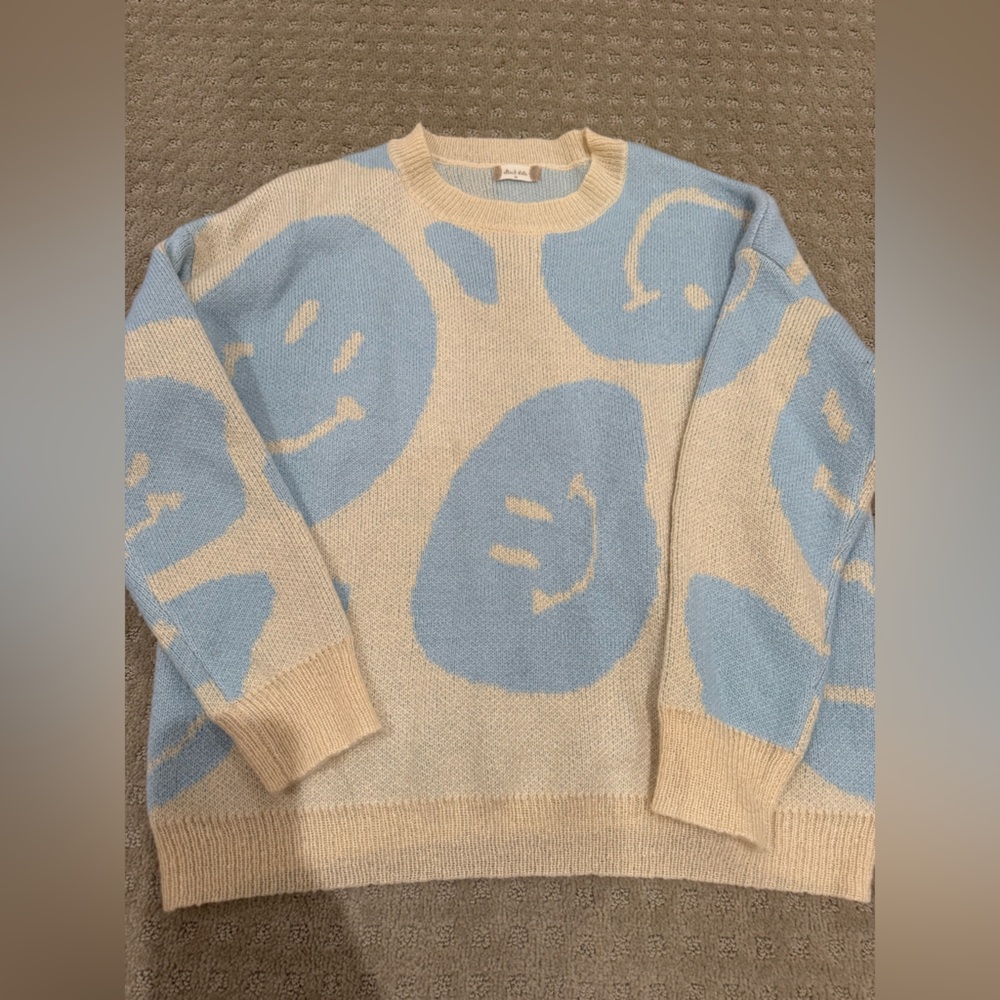 Altar'd State Cream Crewneck Sweater with Light Blue Smiley Motif
